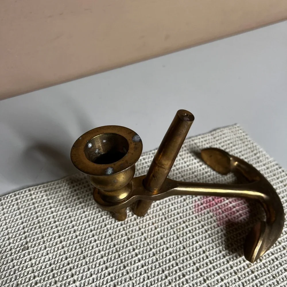 Vintage Solid Brass Anchor Candlestick Holder Nautical Maritime Decor Gold Tone